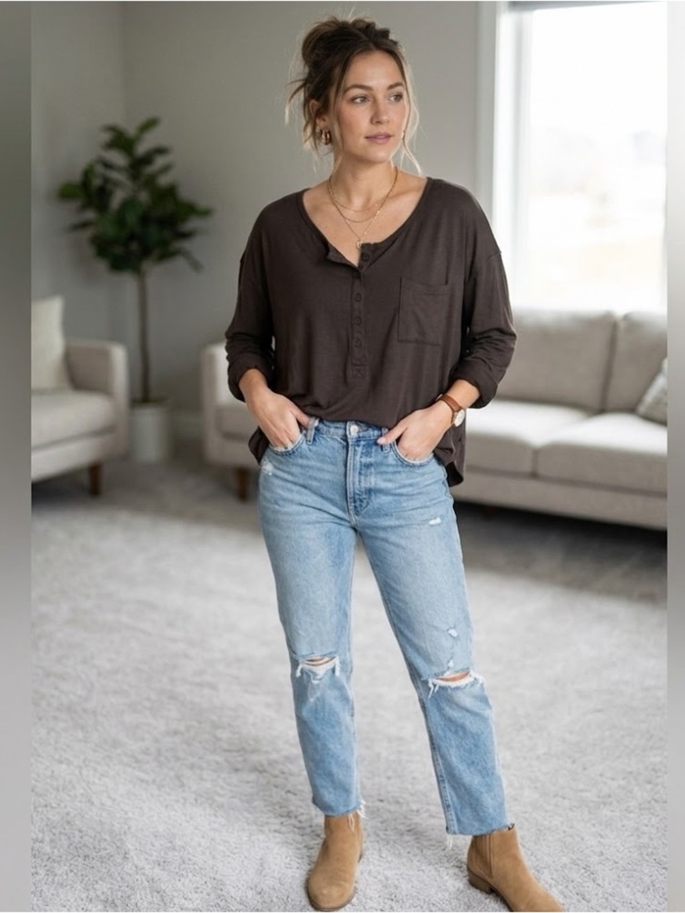 Catch Me Windsor Brown Oversized Long Sleeve Henley Top Size Small